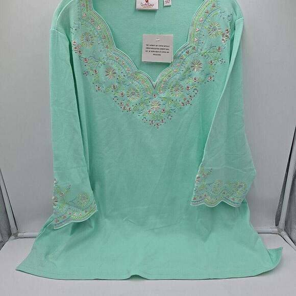 Quaker Factory Green Boho Embroidered Beaded Stretch 3/4 sleeves Top 2X NWT - Picture 9 of 12